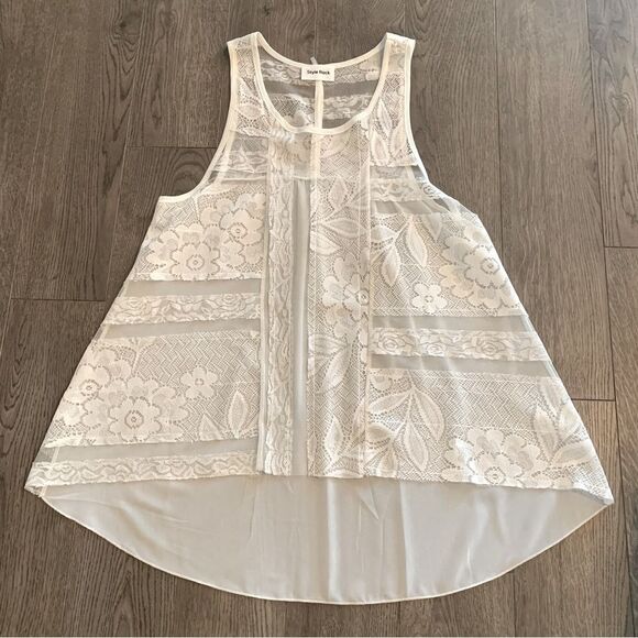 STYLE RACK TUNIC TOP WOMEN SMALL WHITE SHEER LACE HIGH LOW POPOVER. - Picture 7 of 9